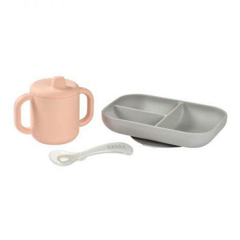 Set de masa silicon cu cana Beaba Old Pink - poza 1