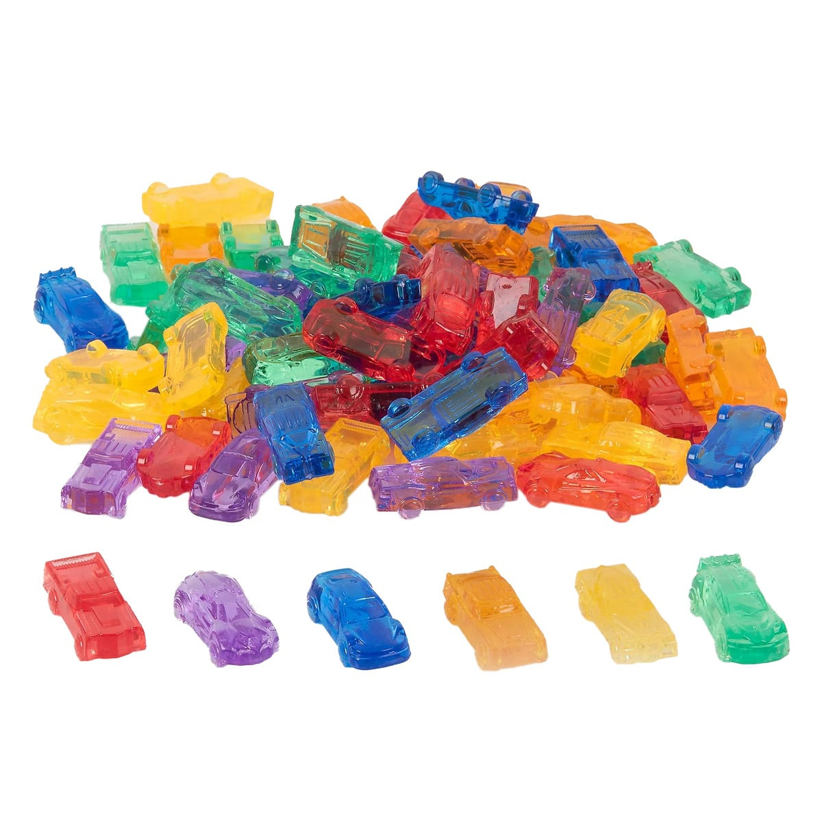 Set de sortare, Masinute translucide colorate, 72 piese