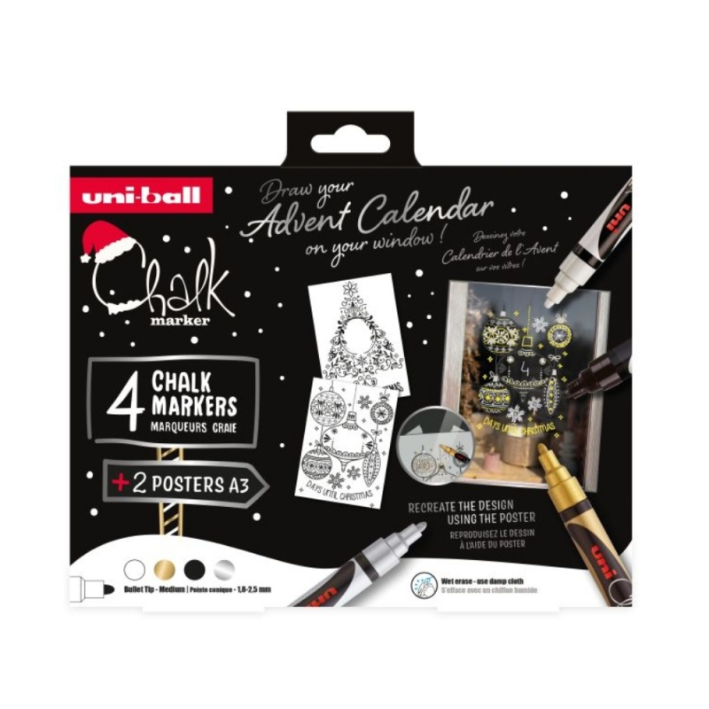 Set Desen Ferestre Craciun , 4 Markere UNI Chalk XMAS Elegante (alb, auriu, argintiu, negru) + 2 sabloane A3