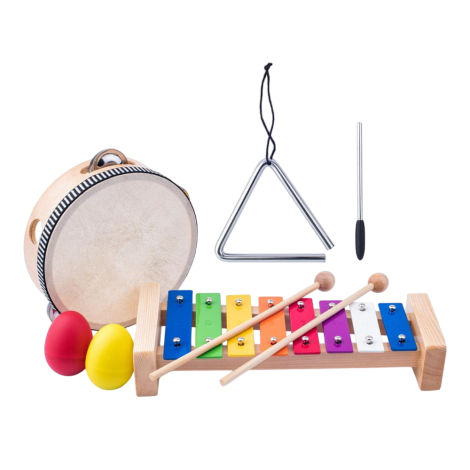 Set Instrumente Muzicale din Lemn Eco Woody 91893 Triunghi, xilofon, tamburina, 2 maracas