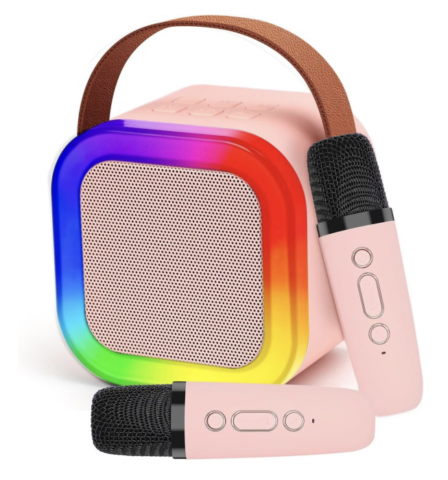 Set Karaoke cu Boxa Difuzor si 2 Microfoane Wireless, cu bluetooth, acumulator, roz