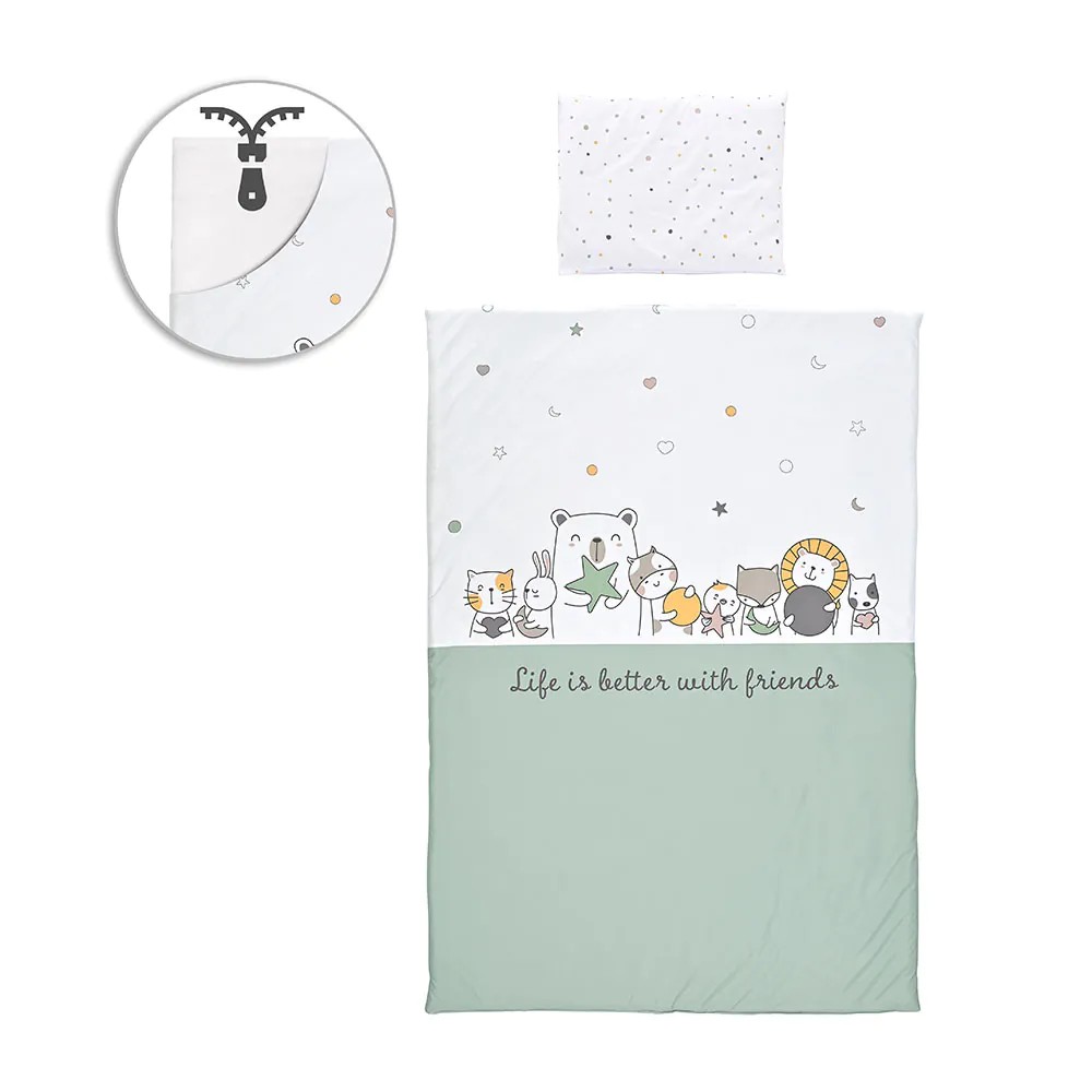 Set lenjerie de pat 5 piese Lorelli Cosy 2024 Happy Friends Mint - poza 1
