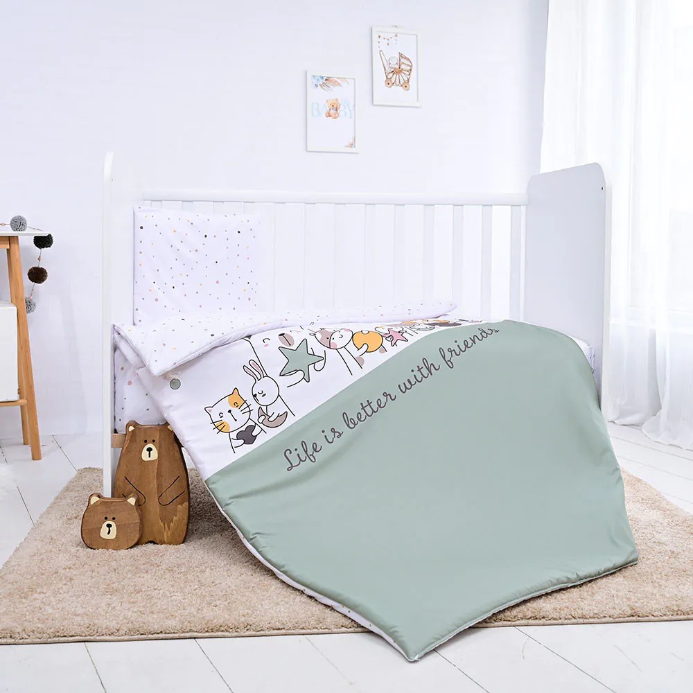 Set lenjerie de pat 5 piese Lorelli Cosy 2024 Happy Friends Mint - poza 3