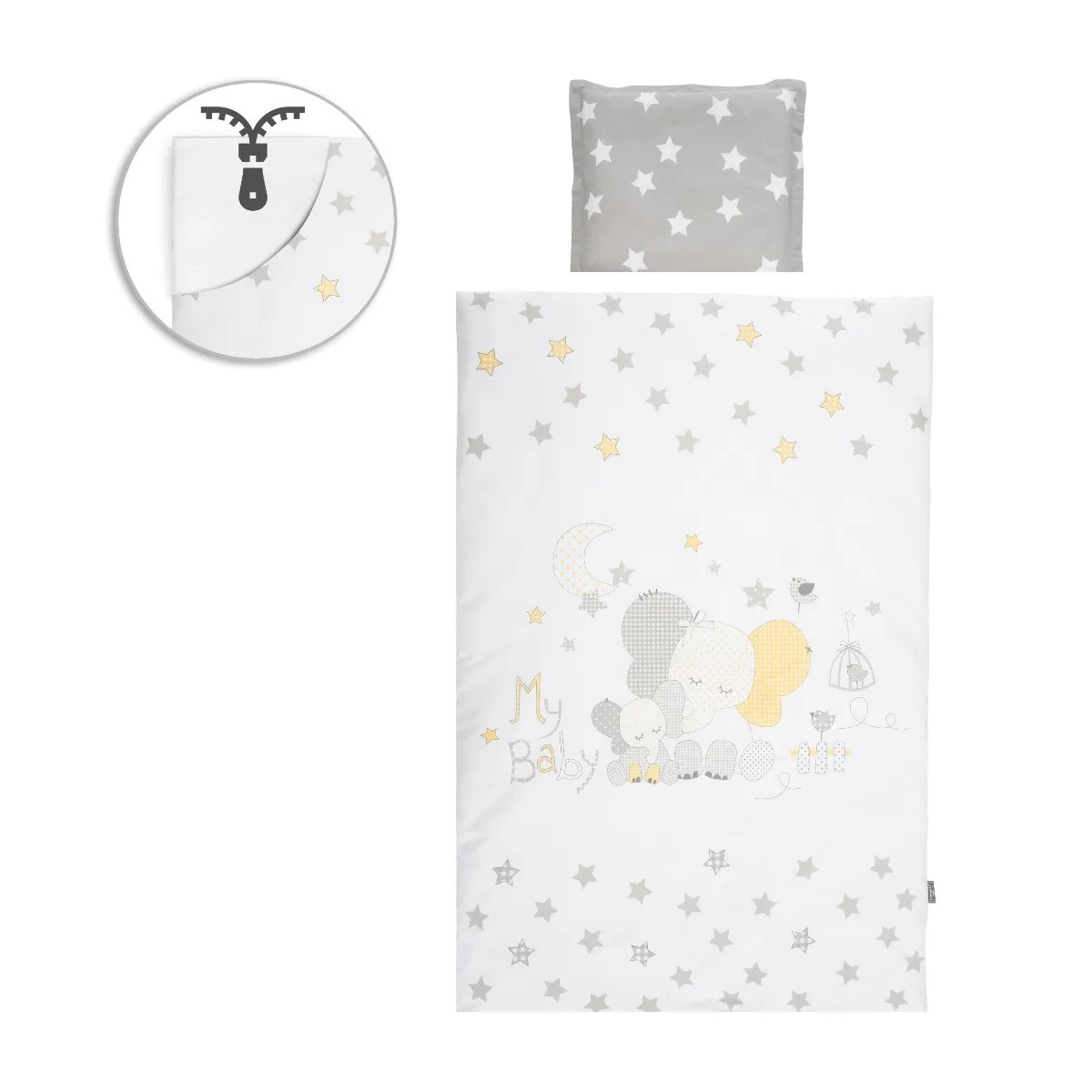Set lenjerie de pat Lorelli Cosy 5 piese Elefant Gri cu Stelute - poza 1