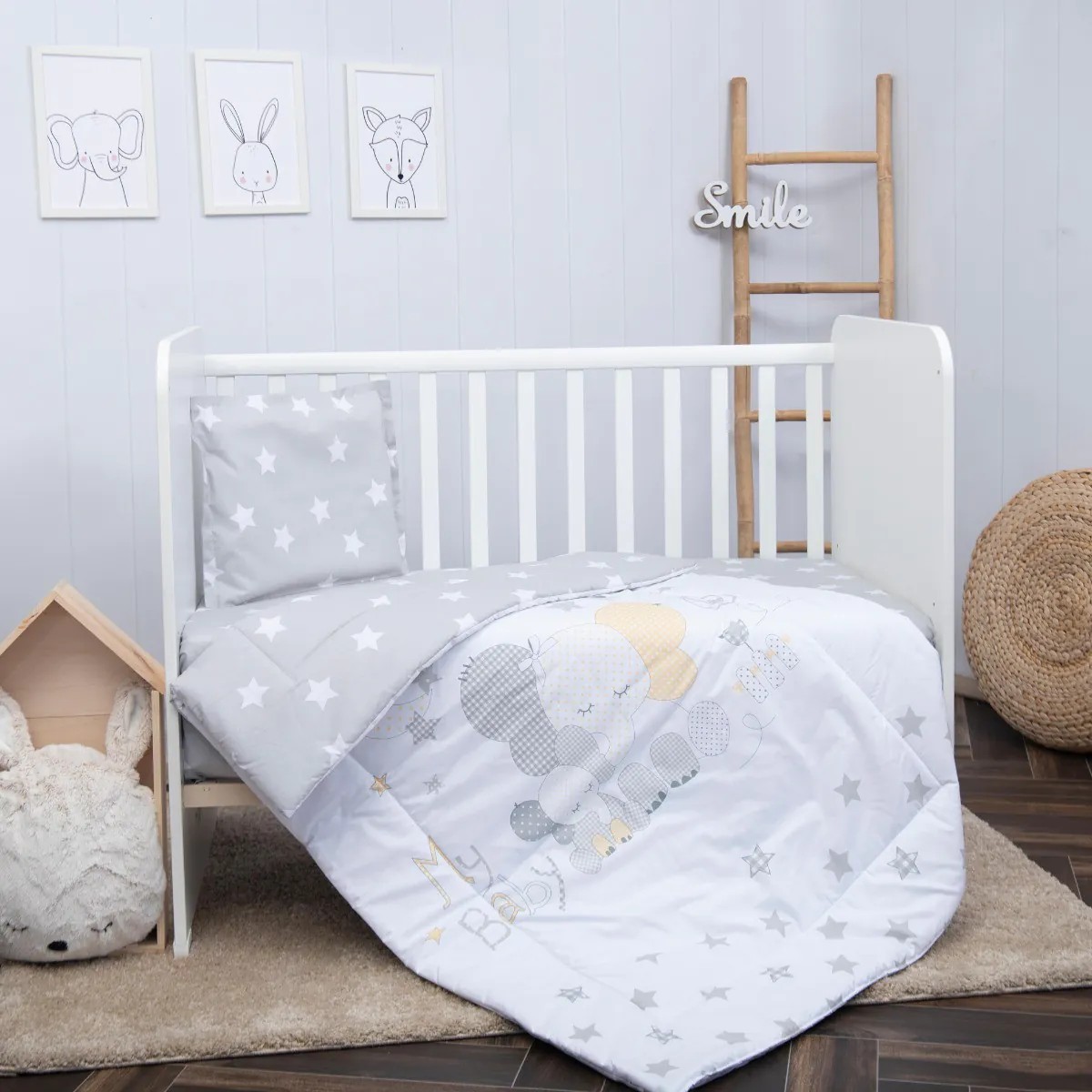 Set lenjerie de pat Lorelli Cosy 5 piese Elefant Gri cu Stelute - poza 3