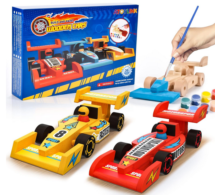 Set masinute din lemn Formula 1 - 3 bucati cu vopsele si autocolante