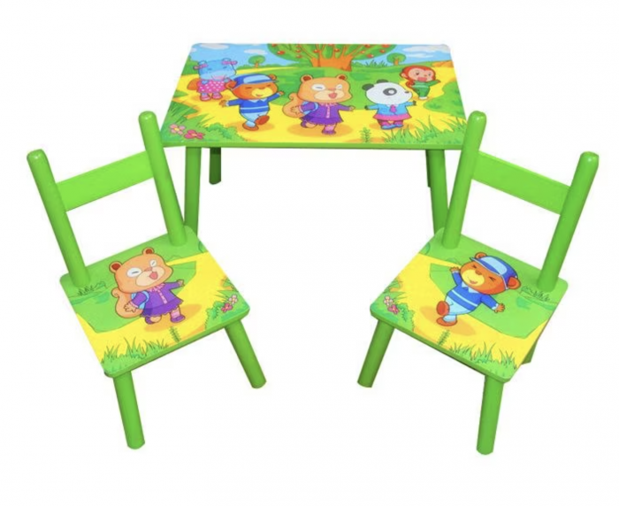 Set masuta cu doua scaune pentru copii, din MDF, verde, 59x39x40 cm