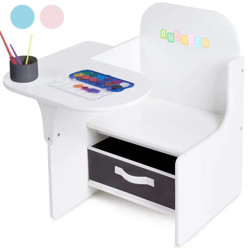 Set Masuta Cu Scaun Incorporat pentru Copii, 3 In 1 din Lemn Mdf, Varsta 3-6 ani Alb si Gri - Default Title