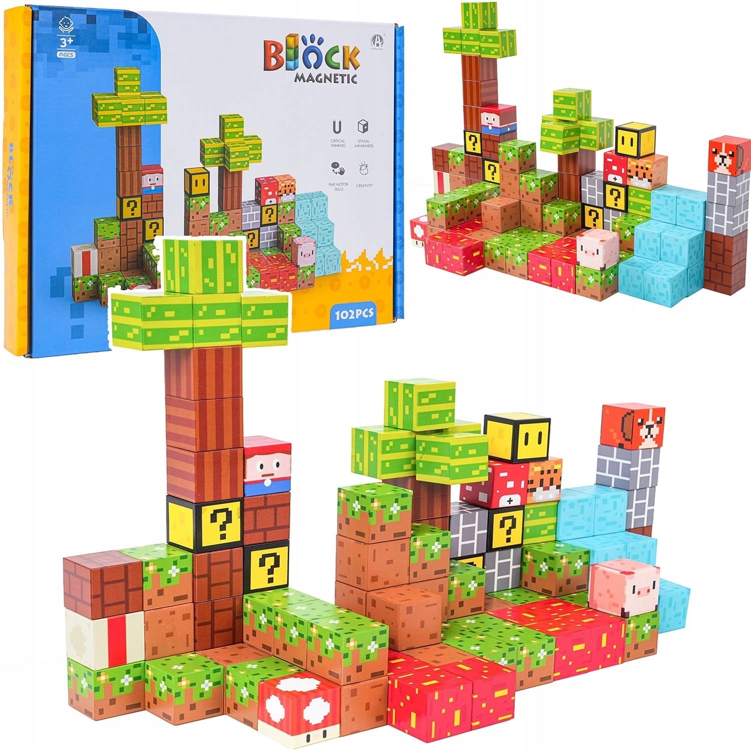 Set Minecraft Magnetic - 72 102 117 146 piese, Joc STEM pentru Copii 3+ 102 PIESE