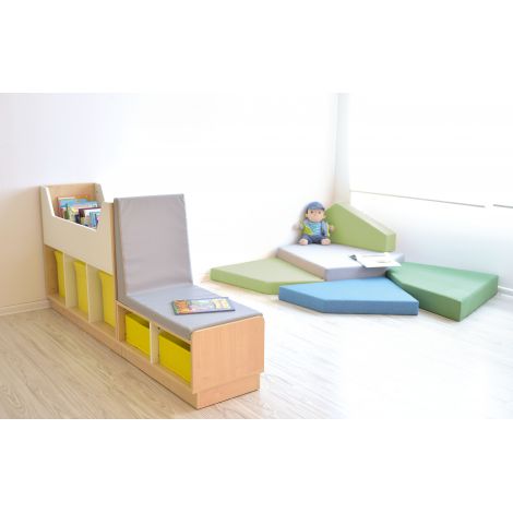 Set mobilier cu bancuta si rafturi Quadro 10 artar cu alb pentru biblioteca, sala de relaxare, asteptare, gradinita si scoala - poza 2