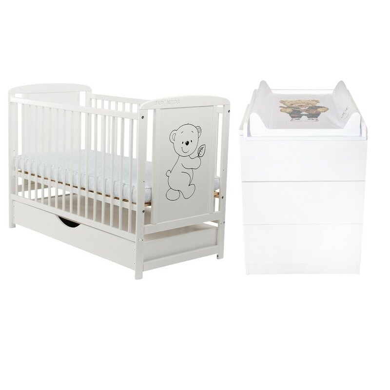 Set mobilier pentru copii, BabyNeeds: Patut din lemn de pin, cu sertar cu capac si somiera reglabila in 3 trepte, Timmi, 120x60 cm + Saltea cocos-burete-cocos, 10 cm + Comoda cu masuta de infasat, Alb