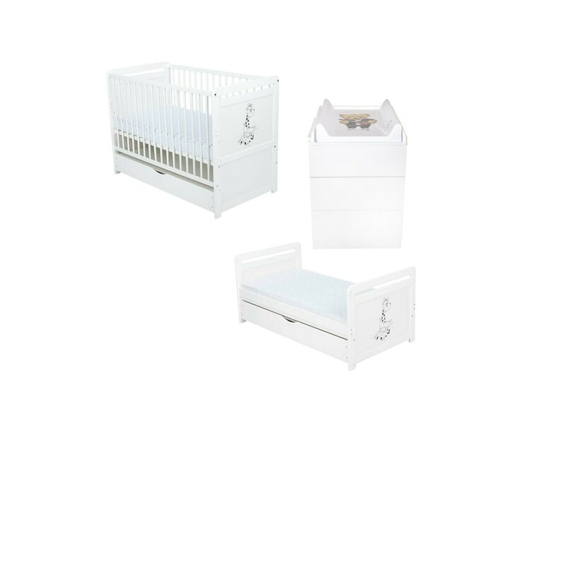 Set mobilier pentru copii, BabyNeeds: Patut multifunctional din lemn de pin, transformabil junior, cu sertar si somiera reglabila in 3 trepte, Nadia II, 120x60 cm + Saltea cocos-burete 8 cm + Comoda cu masa de infasat, Alb