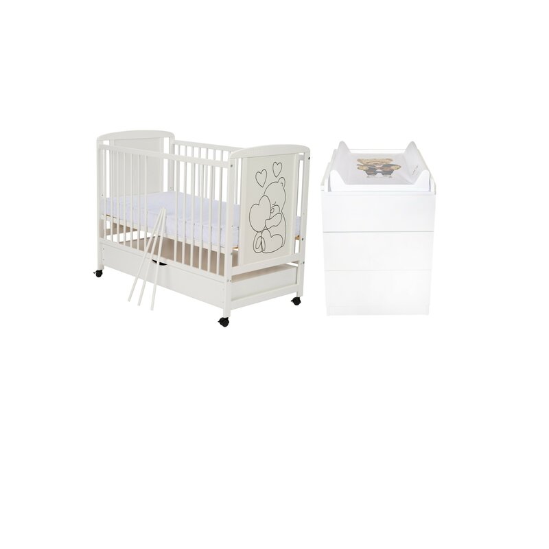 Set mobilier pentru copii, Qmini: Patut din lemn de pin si MDF cu roti, cu sertar cu capac si somiera reglabila in 3 trepte, Timmi Heart, 120x60 cm + Saltea cocos-burete-cocos, 8 cm + Comoda cu masuta de infasat, Alb