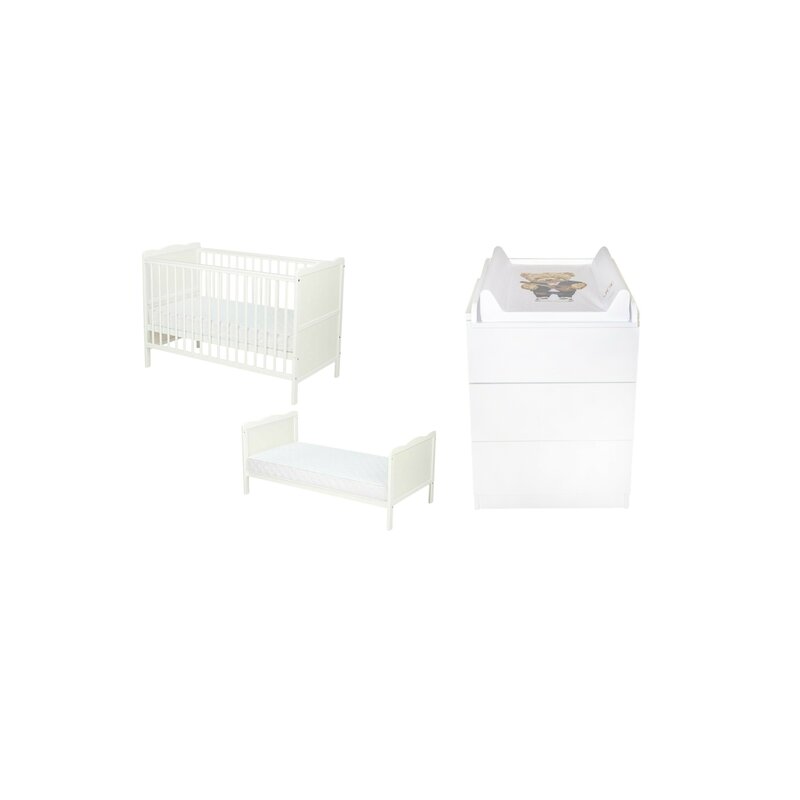Set mobilier pentru copii, Qmini: Patut multifunctional din lemn de pin, cu somiera reglabila in 3 trepte si cu protectie pentru dentitie, Julia, 120x60 cm + Saltea cocos-burete 10 cm + Comoda cu masa infasat, Alb