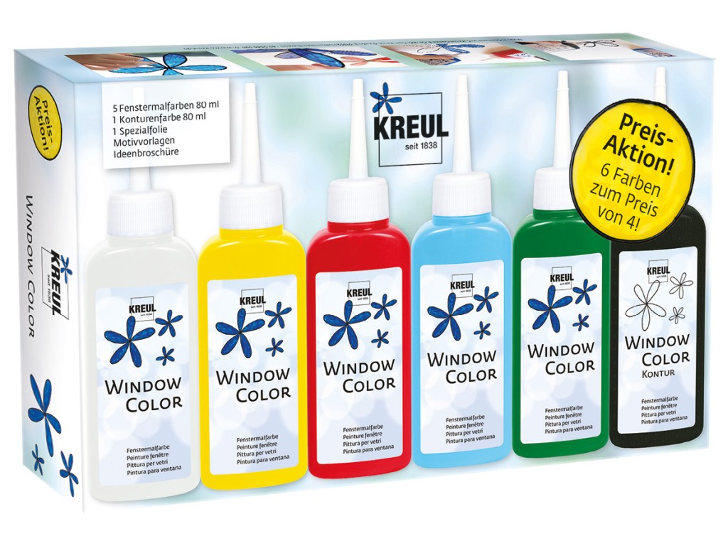 Set pentru colorarea ferestrelor Special Kreul cu 2 sabloane incluse, 6 culori x80 ml