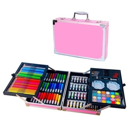Set pentru desen si pictura in cutie tip servieta cu 145 piese,design roz, +3 ani