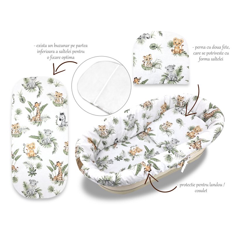 Set pentru landou/cosulet, Qmini, Cu protectie, saltea si pernuta, Din bumbac certificat Oeko Tex Standard 100, Safari