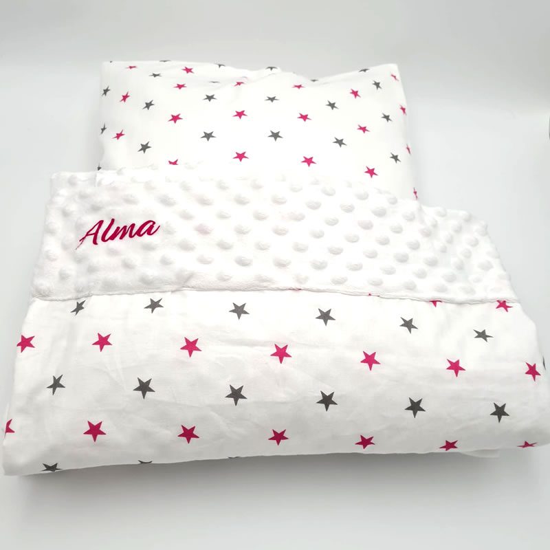 Set personalizat Paturica Bebe cu doua fete si Perna - STELUTE VESELE - Fetita
