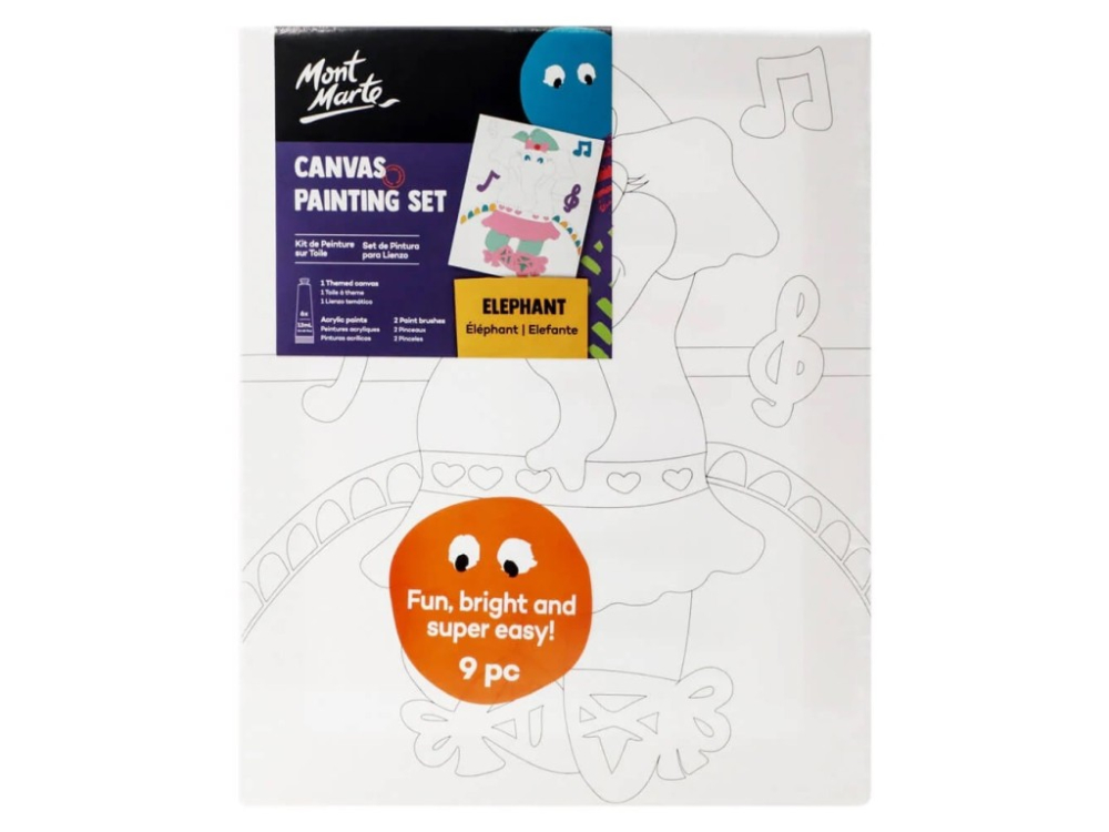 Set pictura pentru copii panza bumbac pretiparita 280 g m ² cu rama din lemn 30x25 cm, 2 pensule si culori acrilice ,tematica elefant