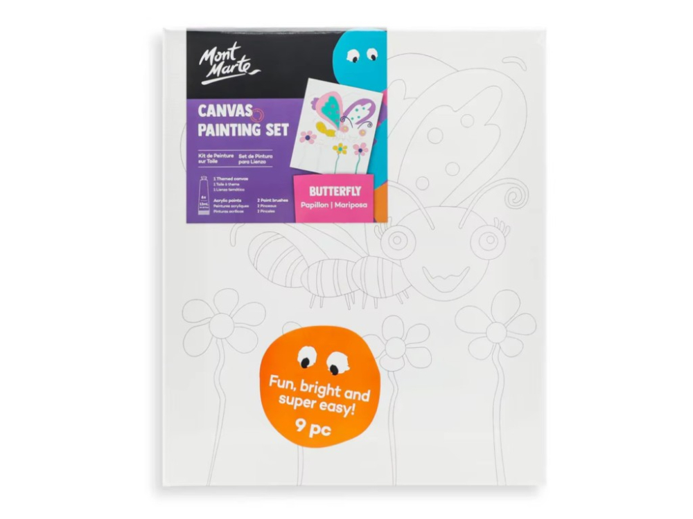Set pictura pentru copii panza bumbac pretiparita 280 g m ² cu rama din lemn 30x25 cm, 2 pensule si culori acrilice ,tematica fluture