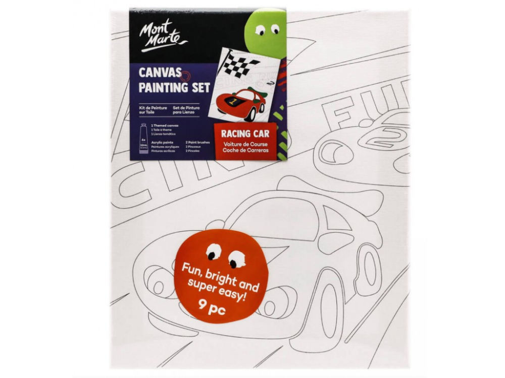 Set pictura pentru copii panza bumbac pretiparita 280 g m ² cu rama din lemn 30x25 cm, 2 pensule si culori acrilice ,tematica masini de curse