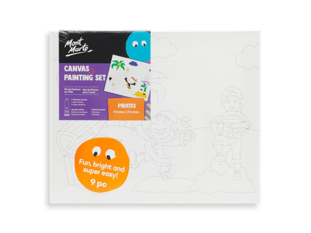 Set pictura pentru copii panza bumbac pretiparita 280 g m ² cu rama din lemn 30x25 cm, 2 pensule si culori acrilice ,tematica pirati