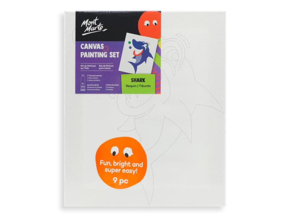 Set pictura pentru copii panza bumbac pretiparita 280 g m ² cu rama din lemn 30x25 cm, 2 pensule si culori acrilice ,tematica rechin