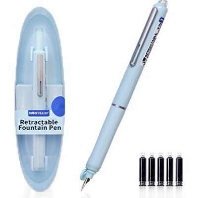 Set stilou retractabil Writech cu 5 rezerve cerneala albastru,grosime penita F, corp albastru,cutie depozitare