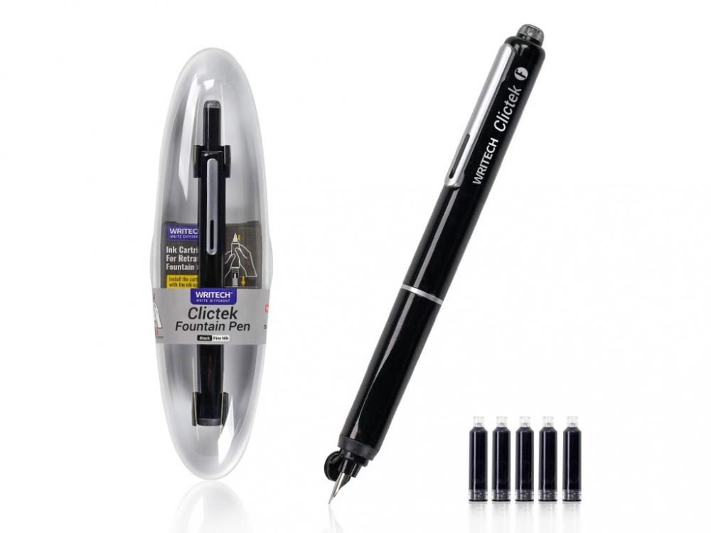 Set stilou retractabil Writech cu 5 rezerve cerneala albastru,grosime penita F, corp negru,cutie depozitare
