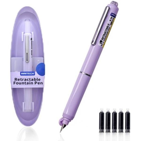 Set stilou retractabil Writech cu 5 rezerve cerneala albastru,grosime penita F, corp violet,cutie depozitare