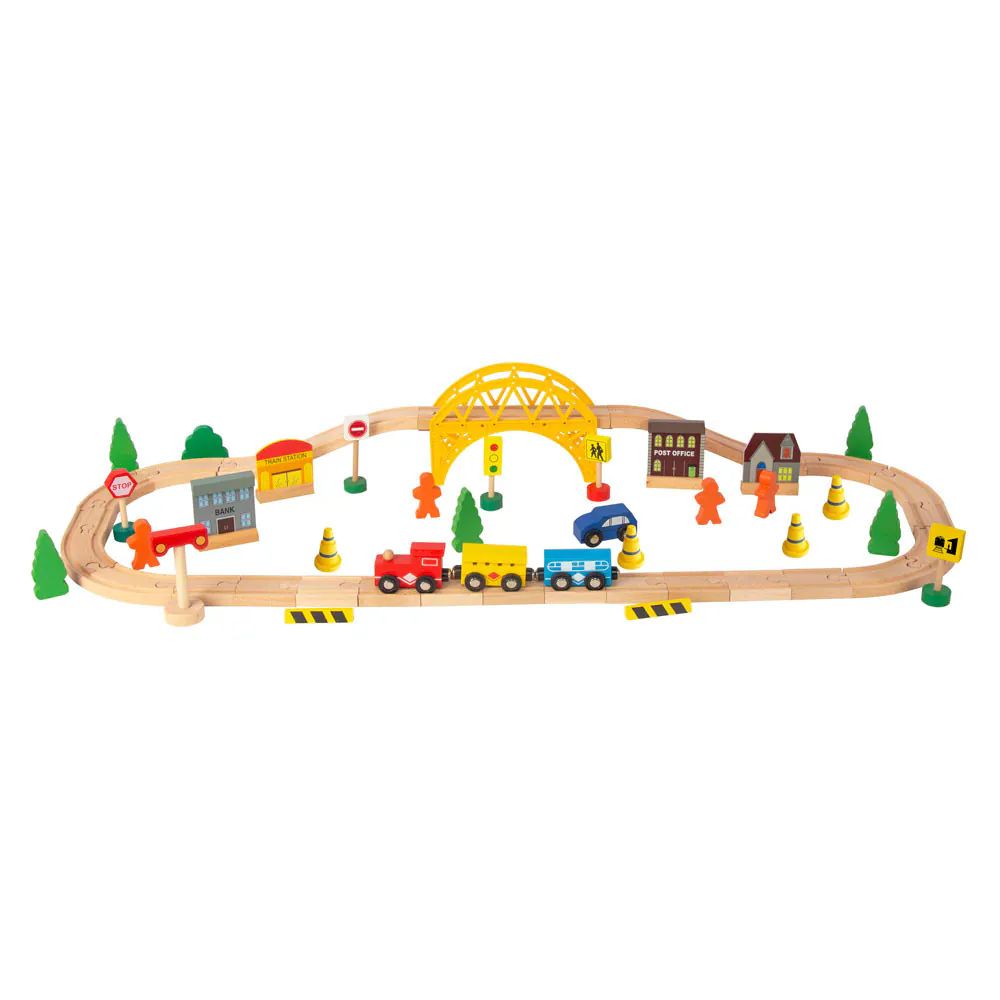 Set tren cu sina si accesorii din lemn City Train Felyx Toys 60 piese - poza 1