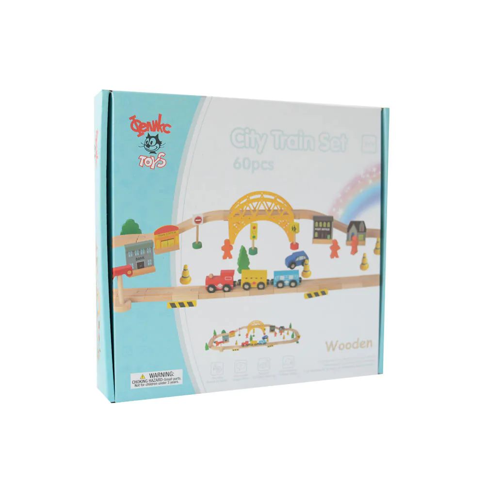 Set tren cu sina si accesorii din lemn City Train Felyx Toys 60 piese - poza 2