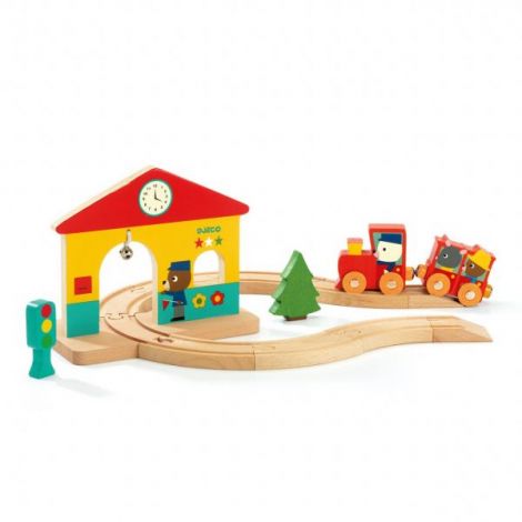 Set Tren din lemn cu sine si statie, Minitrain, Djeco 06389 - poza 4