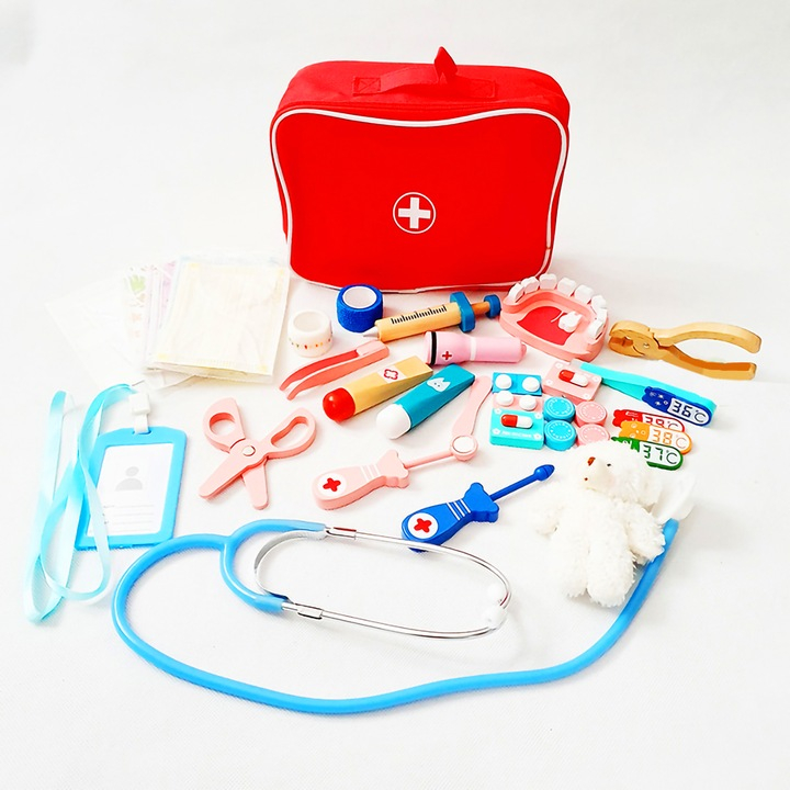 Set trusa medicala din lemn tip Montessori - Joc de rol copii 3+