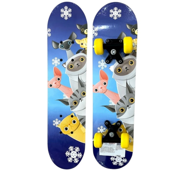 Skateboard pentru Copii, din Lemn, 60 cm - Pisici Albastru