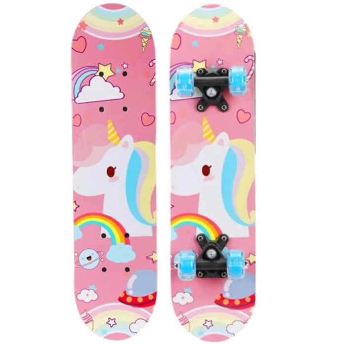 Skateboard pentru Copii, din Lemn, 60 cm - Unicorn Roz