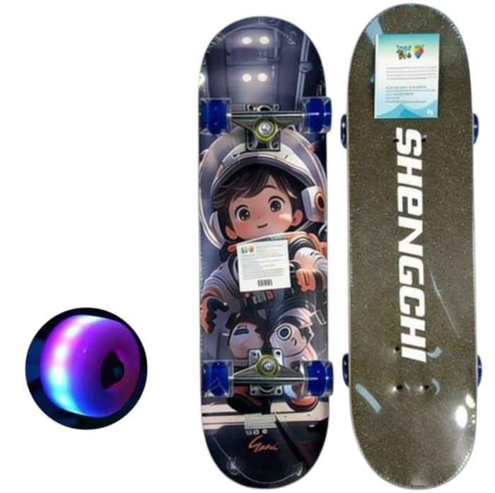 Skateboard pentru Copii, din Lemn, cu roti luminoase, 80 cm - Astronaut