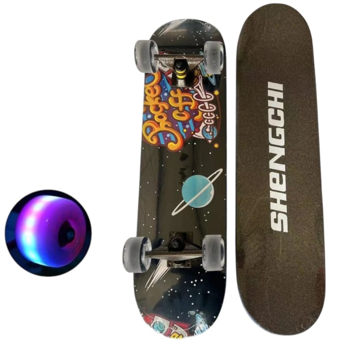 Skateboard pentru Copii, din Lemn, cu roti luminoase, 80 cm - Rocket Off Negru