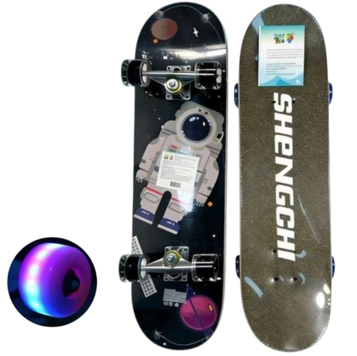 Skateboard pentru Copii, din Lemn, cu roti luminoase, 80 cm - Space