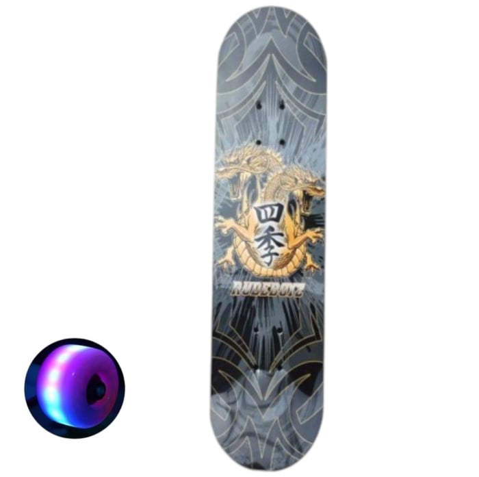 Skateboard pentru Copii, din Lemn, roti cu lumini, 72 cm - Rudeboyz Dragon Gri