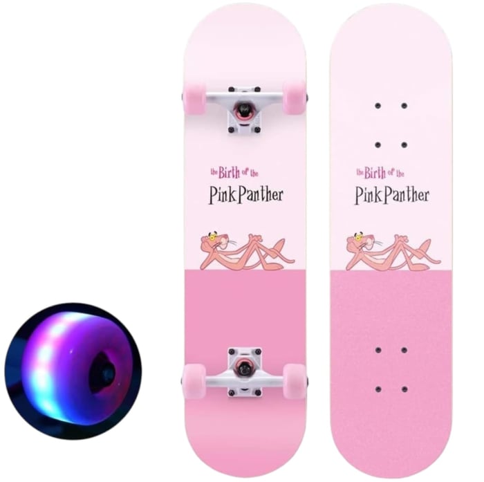 Skateboard pentru Copii, din Lemn, roti lcu lumini, 80 cm - Pink Panther