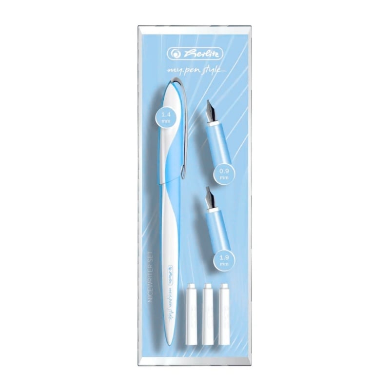 Stilou Herlitz My Pen pentru caligrafie , alimentare rezerve, albastru deschis, include 3 penite (0.9 1.4 1.9) + 3 rezerve