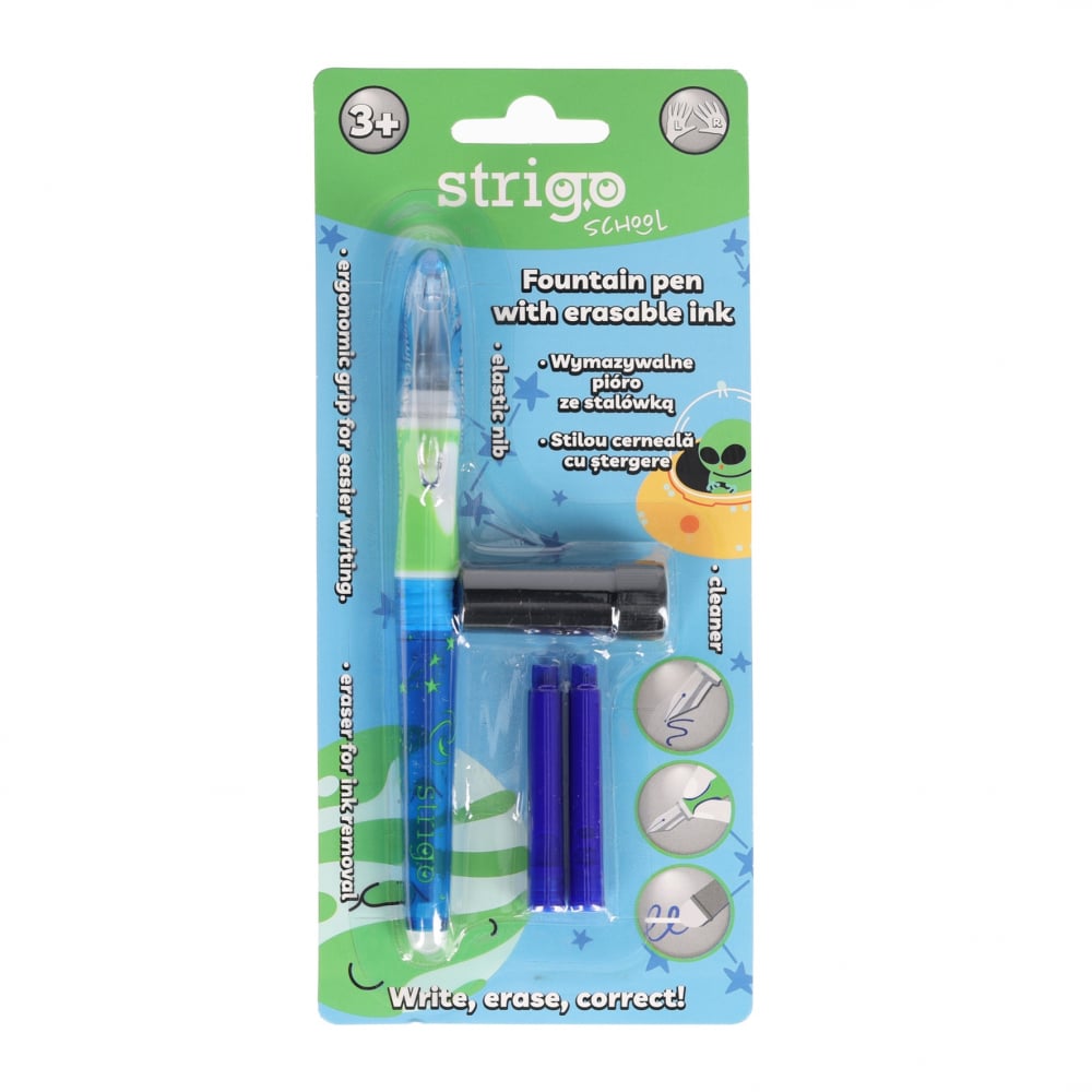 Stilou Strigo cu Cerneala Albastra care se sterge + Dispozitiv Curatare Penita + 2 Rezerve , Design Cosmos
