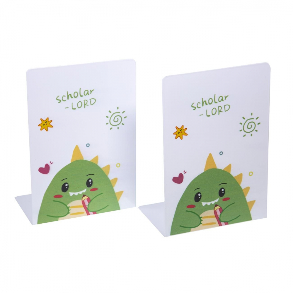 Suport metalic pentru carti, imprimeu dinozaur,alb-verde,12x9x15 cm, 2 bucati set
