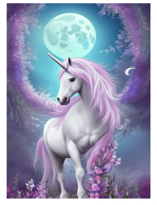 Tablou GM524 Unicorn sub clar de luna, Pictura cu Diamante, Goblen cu pietre 5D, cu rama de lemn, 40 x 50 cm