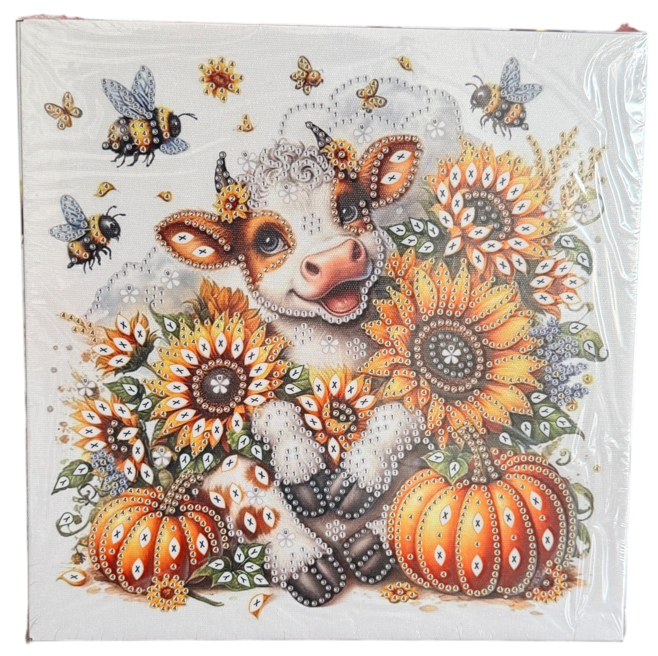 Tablou YY83, Vacuta, Flori si Dovleci, cu Diamante, cu Umplere partiala, cu rama, 25x25 cm