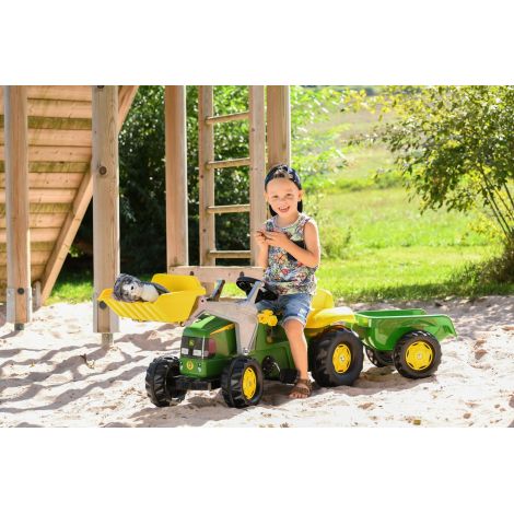 Tractor cu pedale, cupa si remorca Rolly Toys Kid John Deere, verde - poza 4