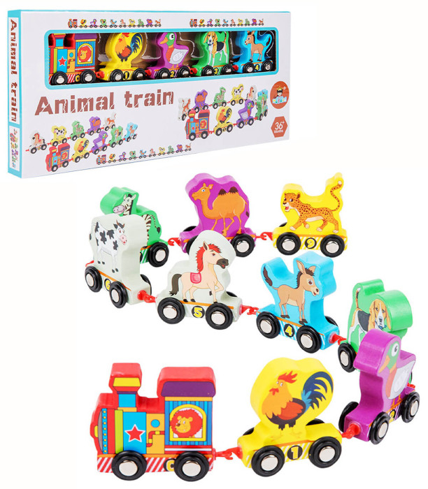 Trenulet din lemn cu animale - 10 piese educative ZukiToys.ro