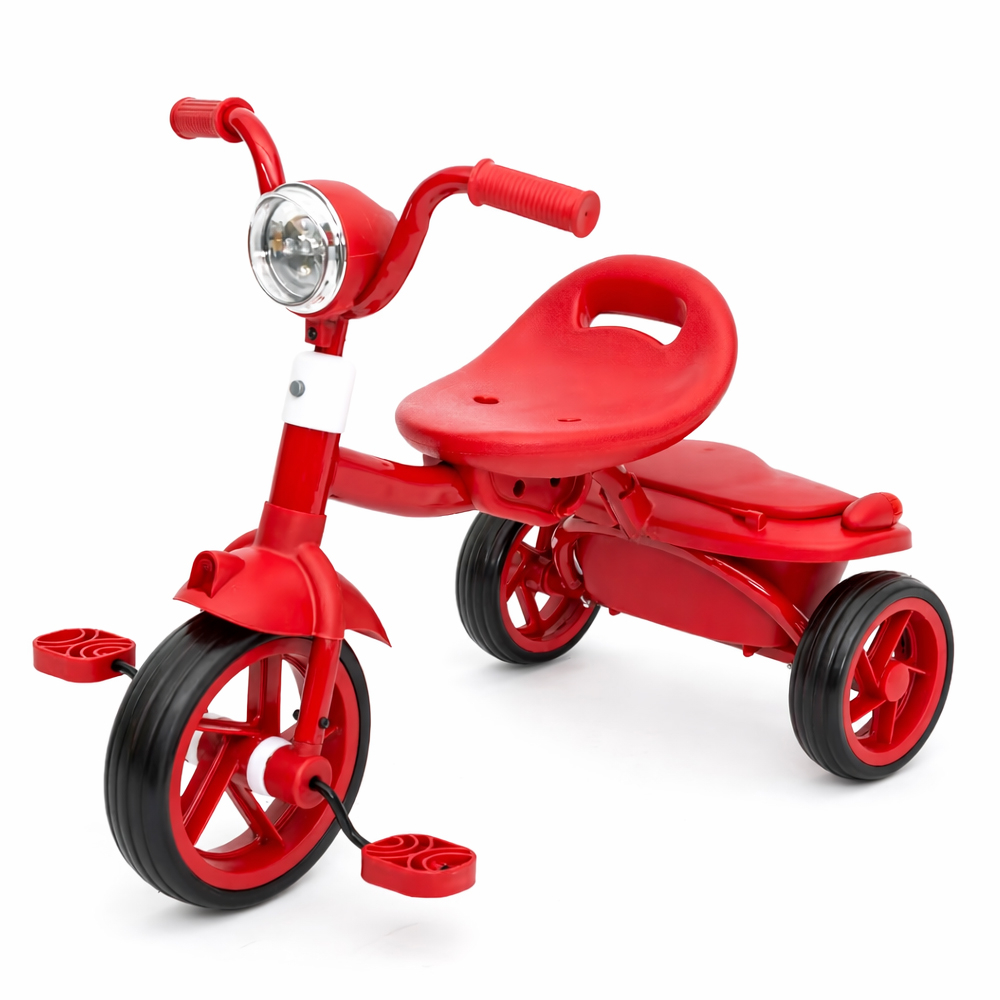 Tricicleta cu pedale Kinderplay Baby Flyer, pentru copii 2-4 ani, roti moi EVA, pliabila, rosie