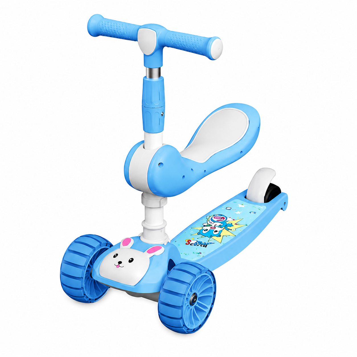Trotineta pliabila Bunny Ride 3 in 1 cu scaunel si lumini LED - Bleu